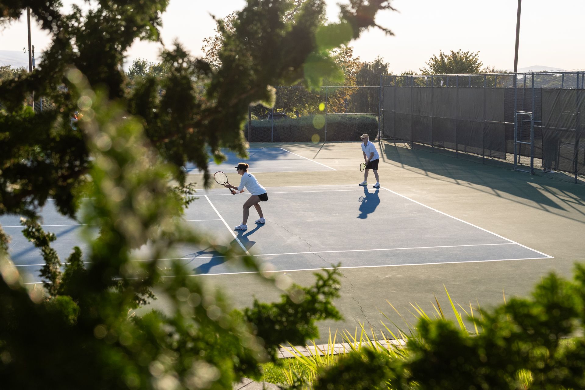 Two people playing tennis on an outdoor court, framed by green foliage, with sunlight casting long shadows on the ground.