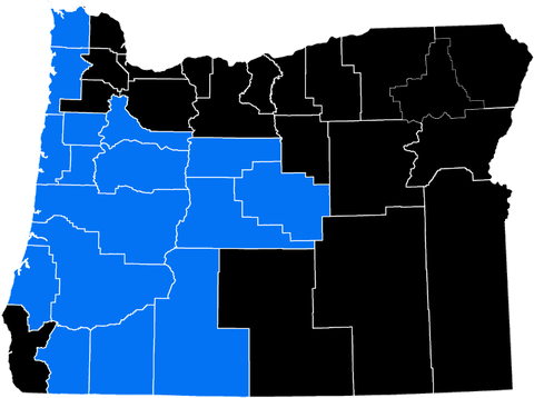 Map of Oregon with some counties highlighted in blue and others in black.