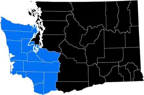 Map of Washington state with western counties in blue and eastern counties in black, separated by bold lines.