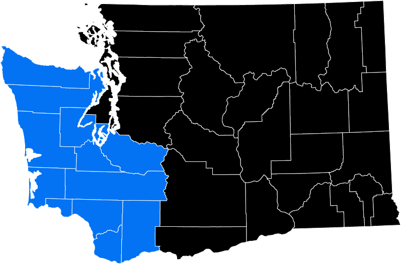 Map of Washington state with western counties in blue and eastern counties in black, separated by bold lines.