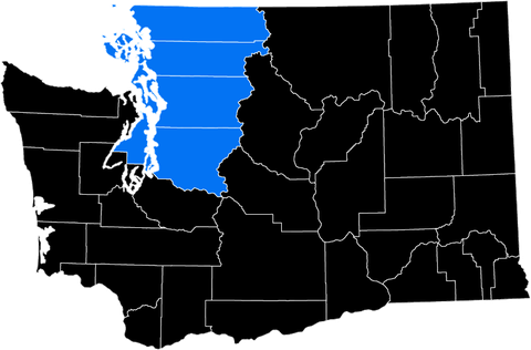 Map of Washington state counties, with several in the northwest highlighted in blue.