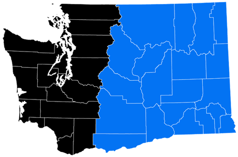 Map of Washington state divided into two halves, with the west side in black and the east side in blue, showing county borders.