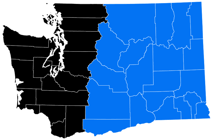 Map of Washington state divided into two halves, with the west side in black and the east side in blue, showing county borders.