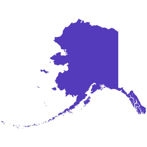 Purple silhouette map of Alaska on a white background.