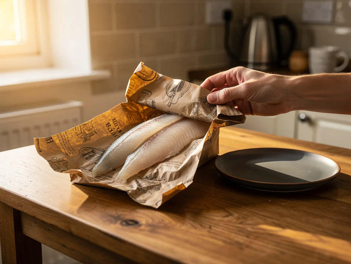 Customer's hands unwrapping fresh white fish fillets from printed waxed kraft paper at a British kitchen table