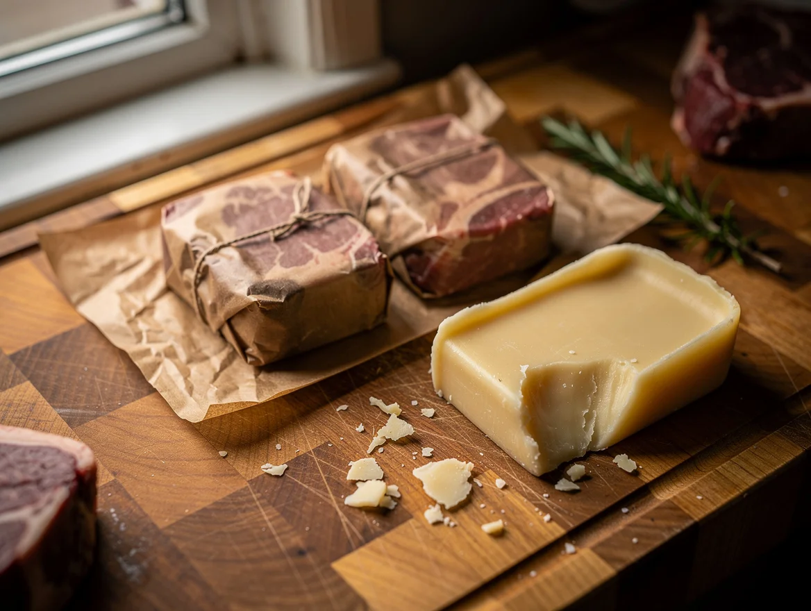 Beef cuts wrapped in soy-wax coated kraft paper beside a block of soy wax on a butcher's wooden counter