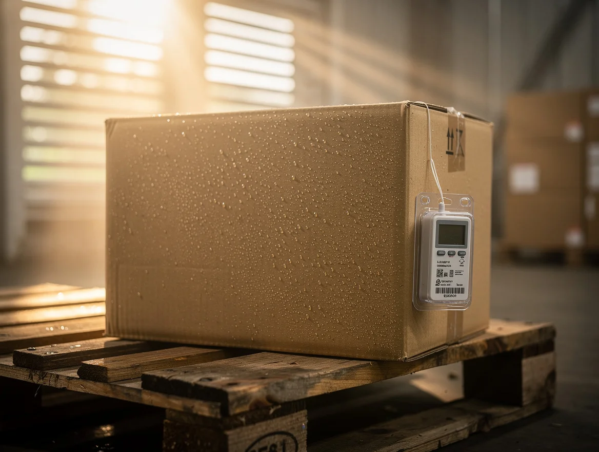 Cosmetics shipping carton with surface condensation in a humid warehouse environment