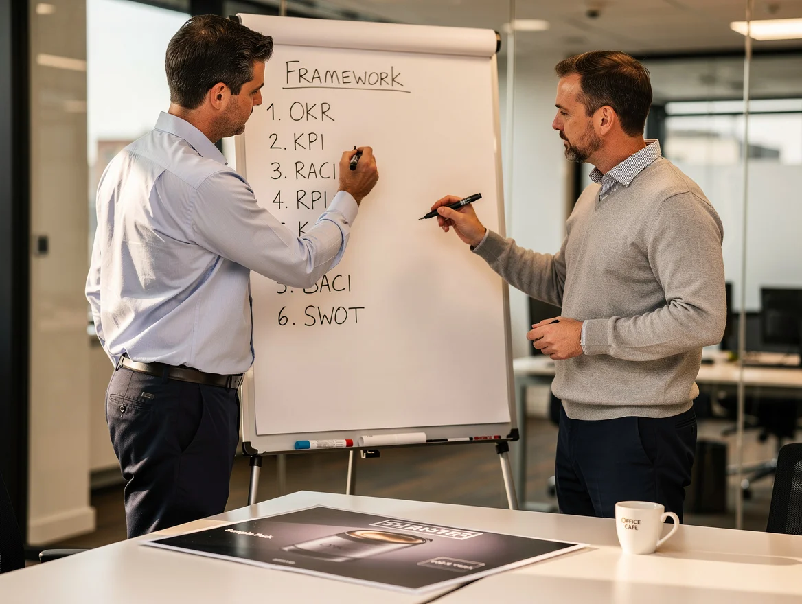 Two colleagues in a meeting room working at a whiteboard listing sustainability reporting frameworks, with a packaging sample on the table