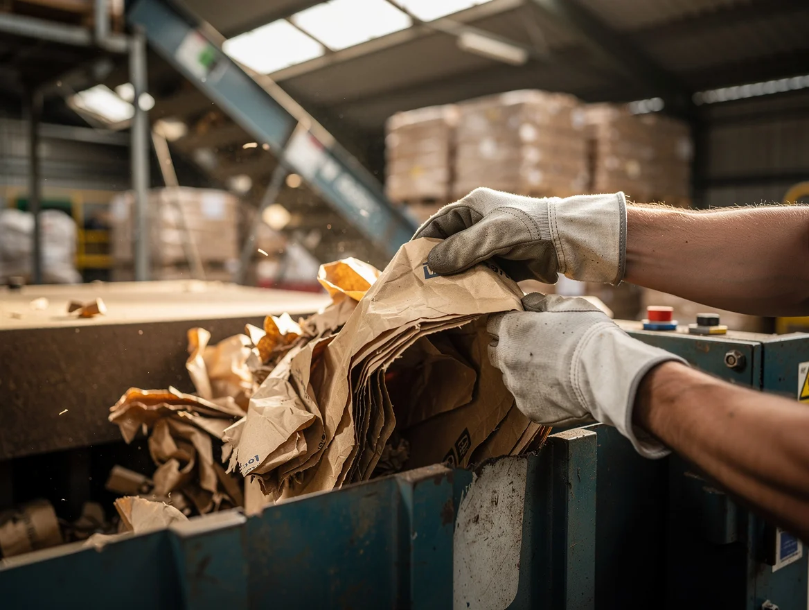 Hands feeding used brown VCI kraft paper into a recycling baler