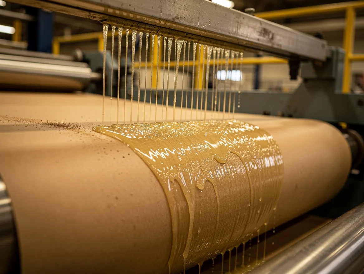 Molten paraffin wax falling as a thin curtain onto a moving web of brown kraft paper on a converter line