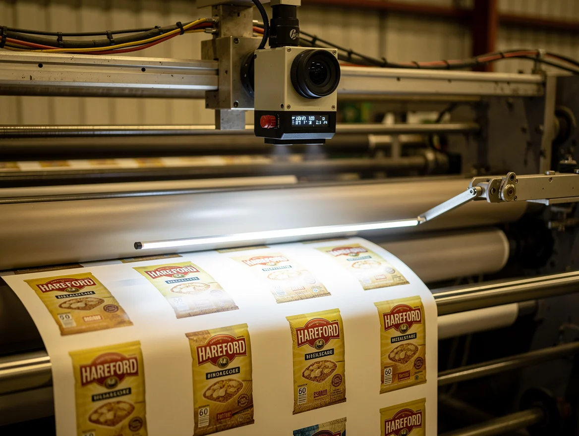 Machine vision camera inspecting Hareford flour bag artwork on a moving web