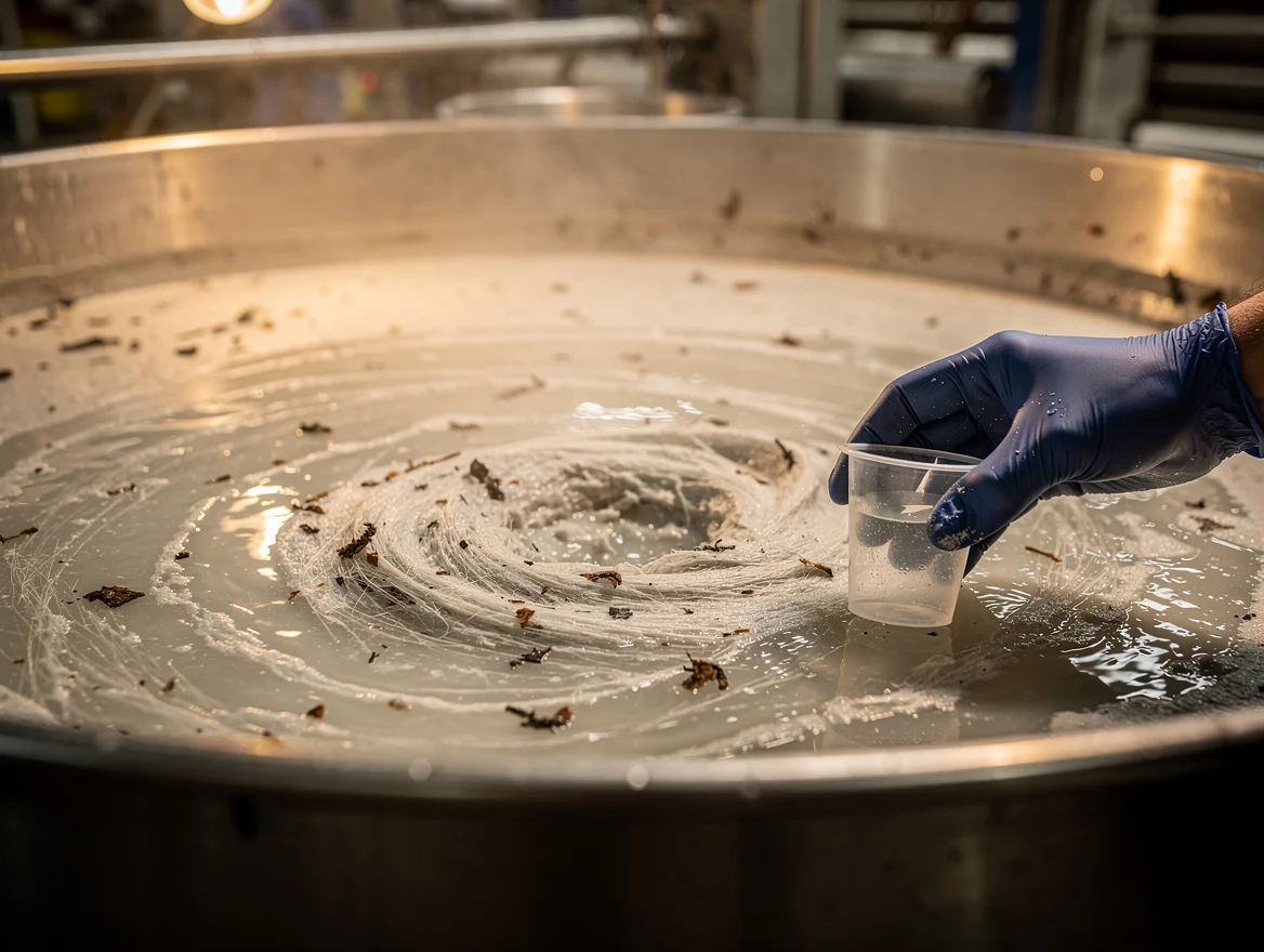Gloved hand sampling recycled paper pulp from a swirling vat at a UK paper mill