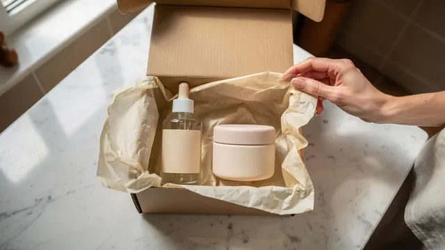 Luxury skincare bottle and cream jar nested in mould-inhibited tissue inside an open gift box on a marble surface