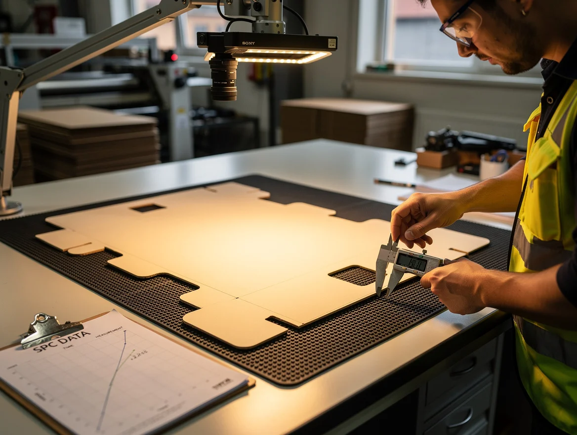 Inspector measuring a die-cut carton blank with a digital calliper at a QC station