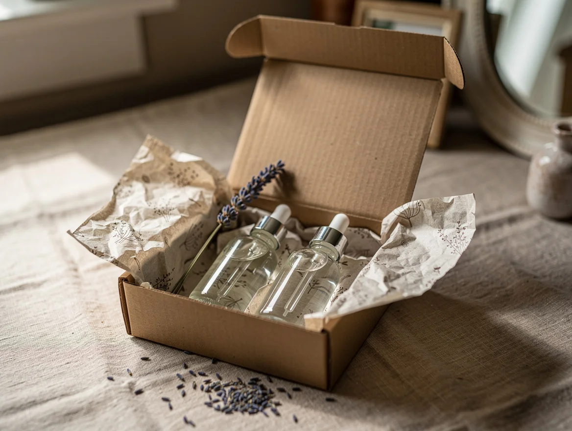 Open natural skincare gift box with kraft liner and tissue-wrapped dropper bottles on a linen surface