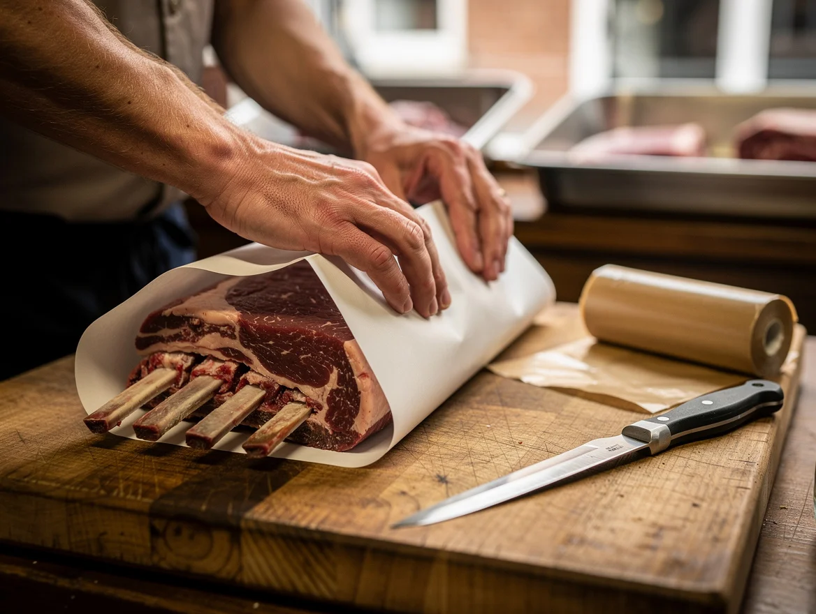 Butcher's hands wrapping a bone-in rib of beef in white bonewrap paper on a wooden block with a knife and waxed kraft roll beside