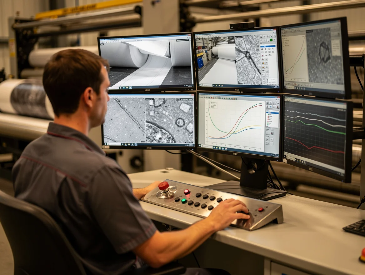 Operator monitoring inline web inspection screens at a UK converting workstation