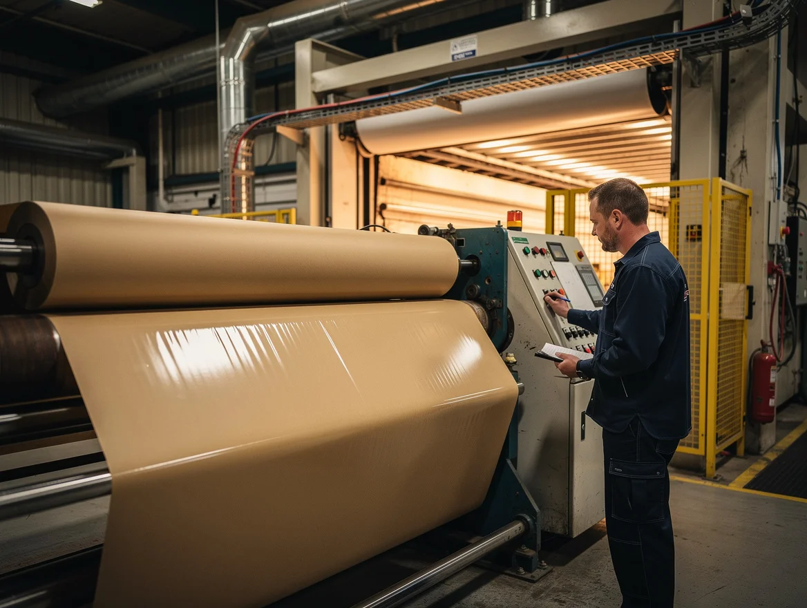 Technician monitoring a flexographic coating line as kraft paper runs through an aqueous coating roller