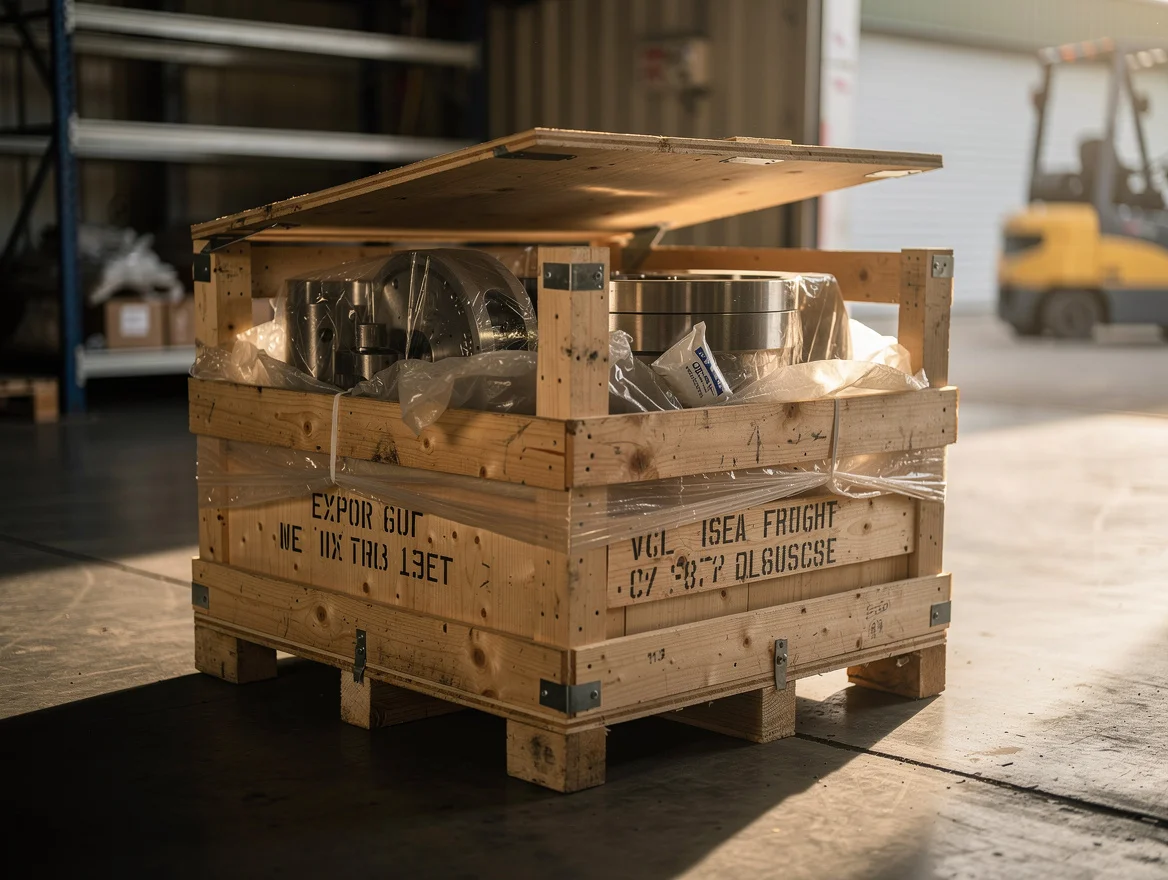 Export crate of VCI-wrapped steel components ready for sea freight in a UK loading bay