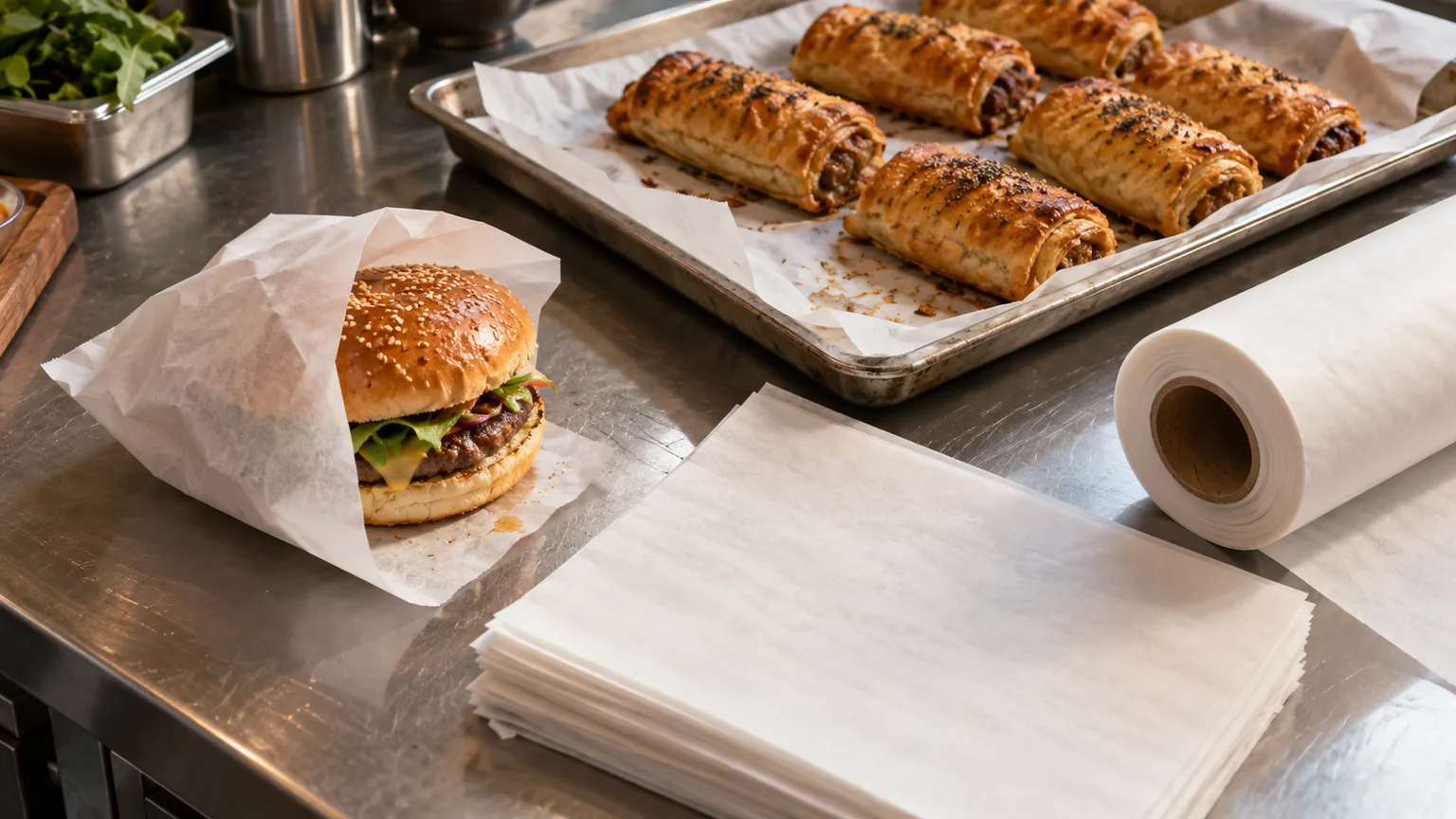 Greaseproof paper in use on a cafe counter: burger wrap, lined tray, pre-cut deli sheets and a roll