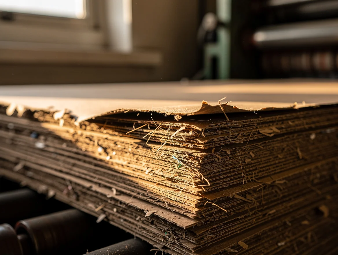 Stack of freshly produced recycled brown paper sheets in a UK paper mill with fibres catching the side light