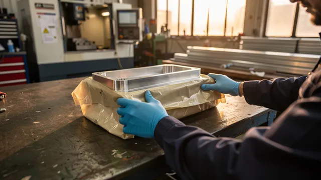 Engineer wrapping a machined steel component in VCI anti-corrosion paper on a workshop bench