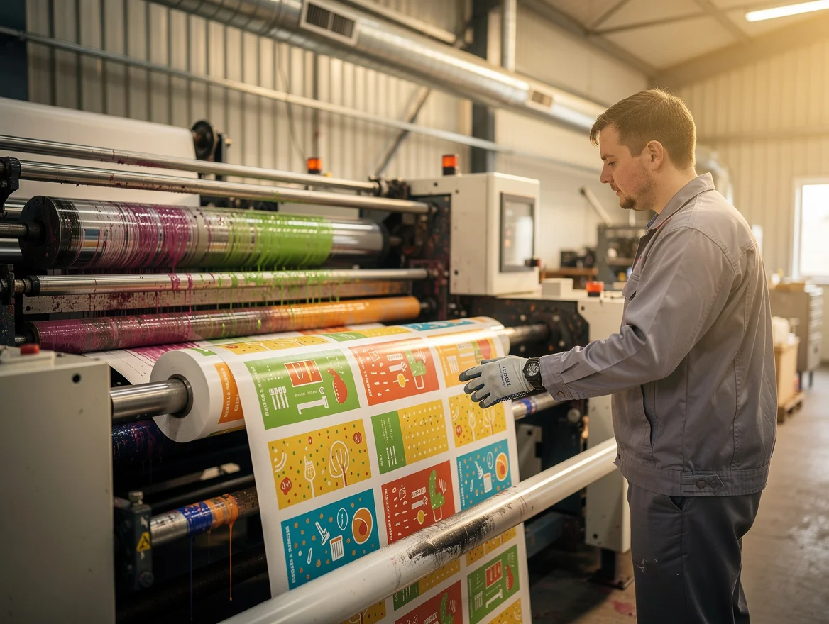 Print operator inspecting a freshly printed roll of greaseproof paper on a flexographic press