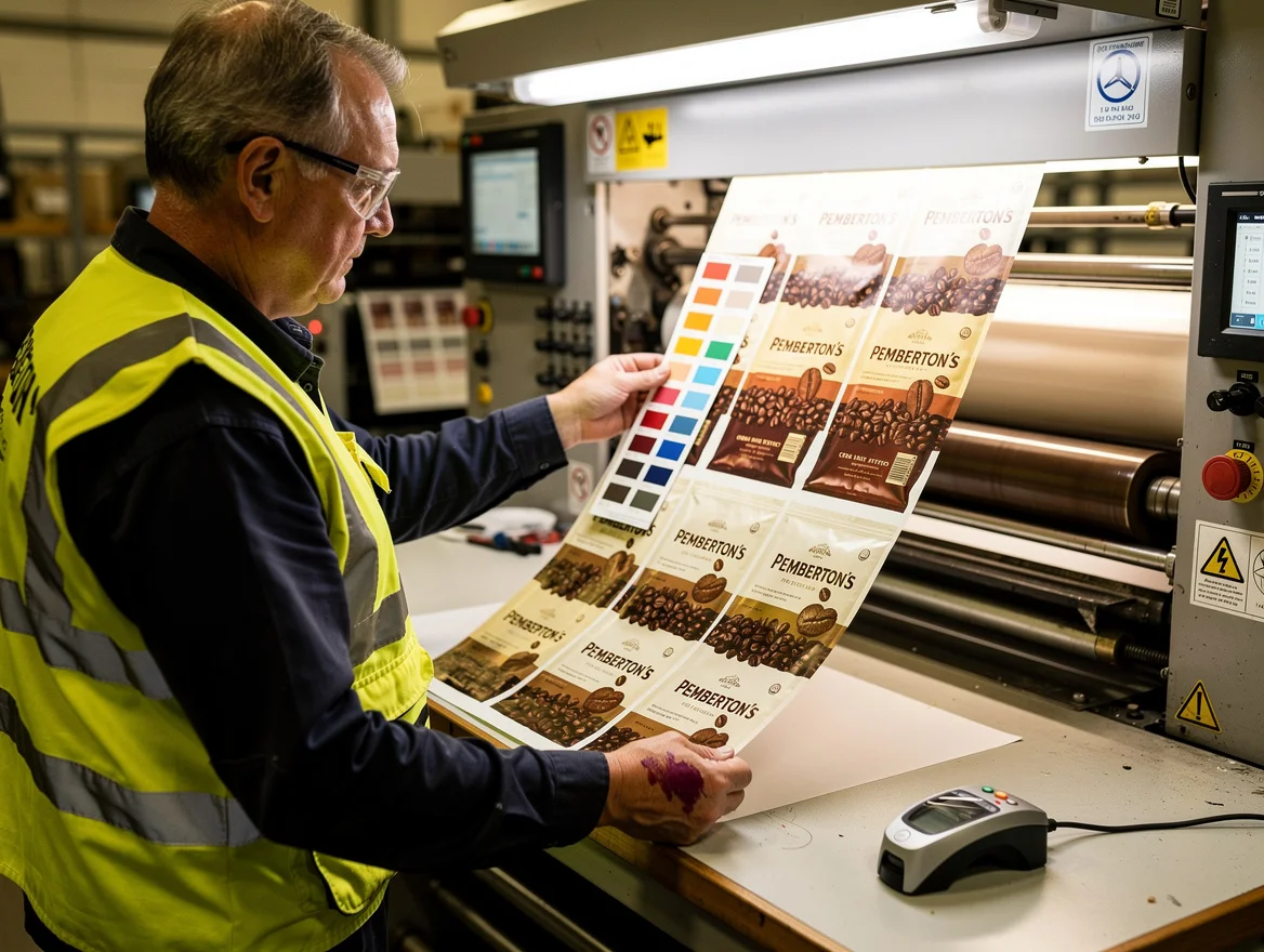 Operator colour-matching a printed Pemberton's coffee bag sheet under a D50 booth