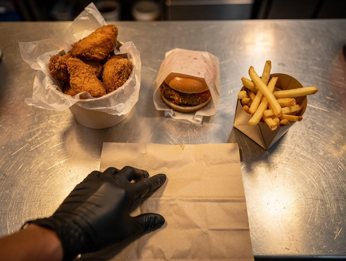 Overhead view of a fried chicken takeaway counter with a paper-lined bucket, wrapped chicken burger and kraft fries carton