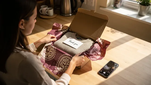 Customer unboxing a kraft mailer with patterned custom tissue paper around a folded knit jumper