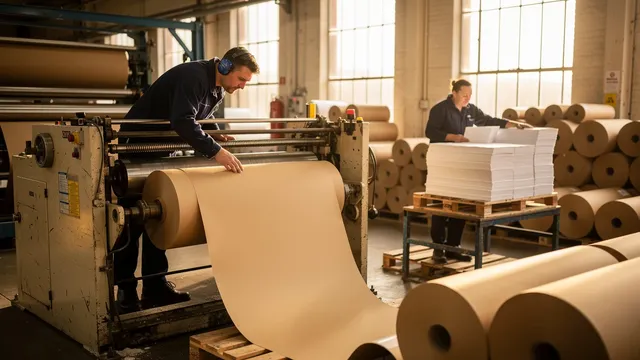 Operator inspecting kraft paper running through a slitter inside a UK paper converting facility