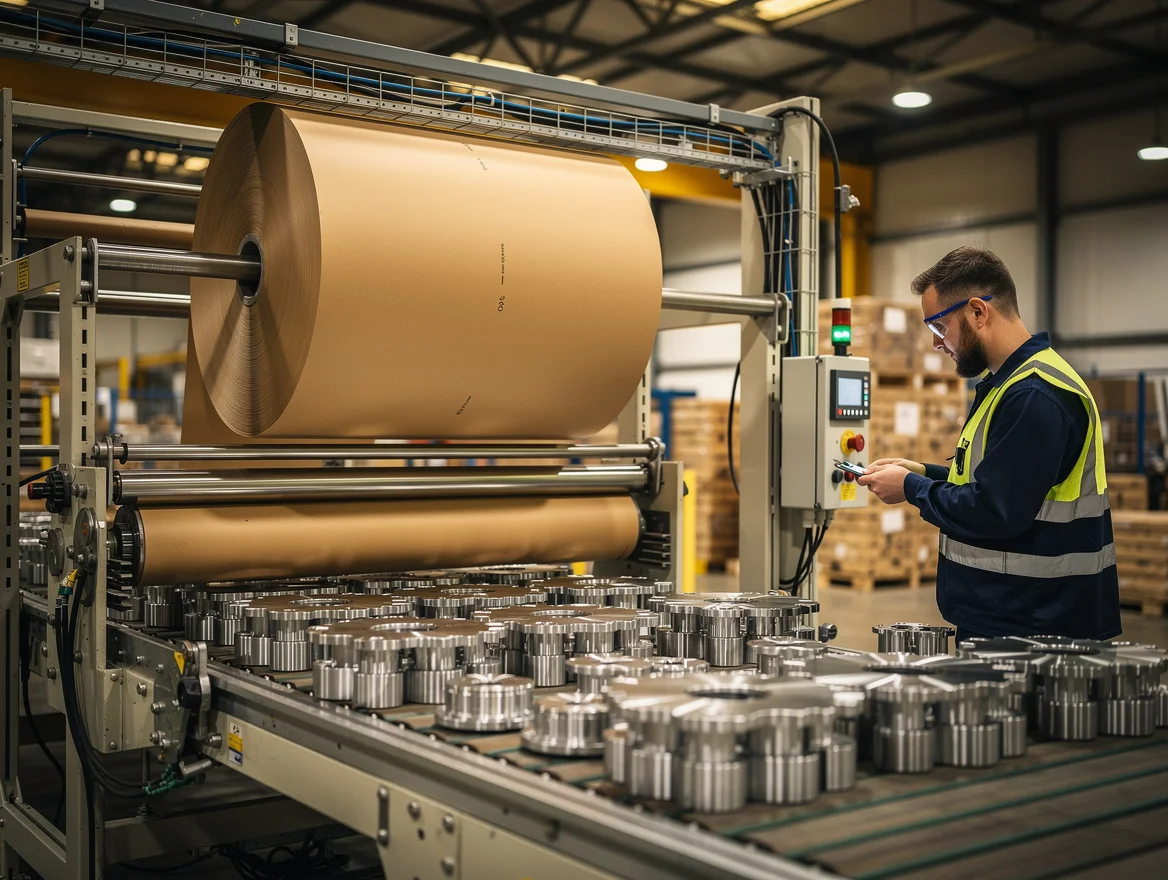 Operator monitoring a VCI paper reel feeding into an automated packing line
