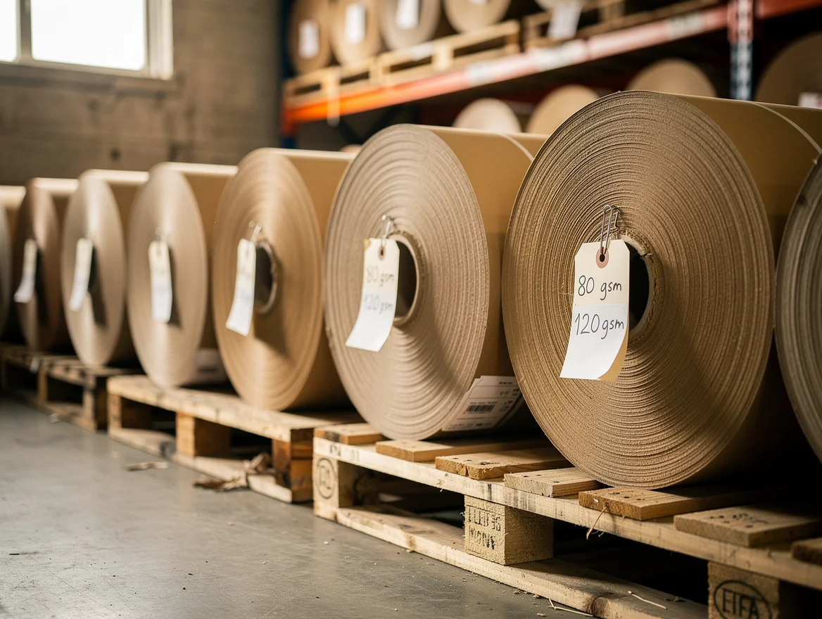 End-on view of stacked natural kraft paper rolls with grade tags in a UK warehouse