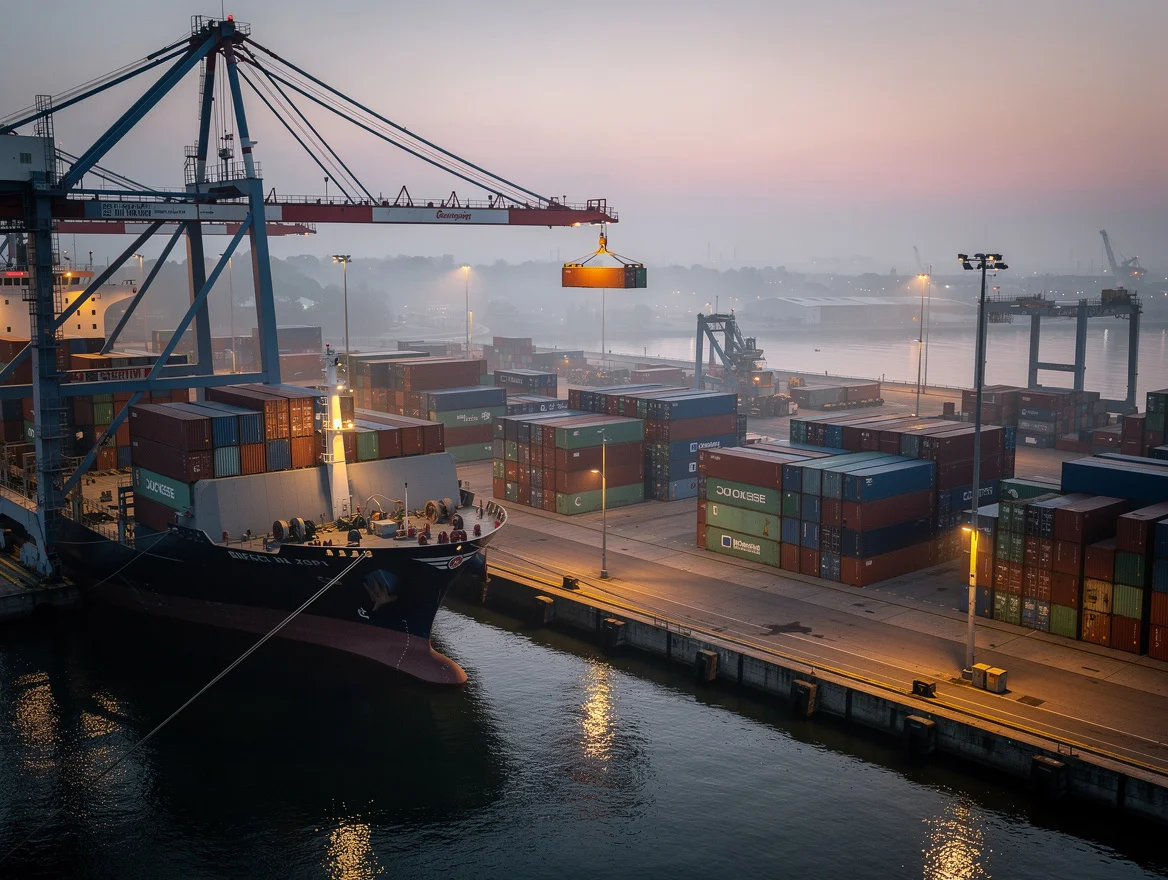 A British container port at dawn with a ship being unloaded and stacked containers under crane lights
