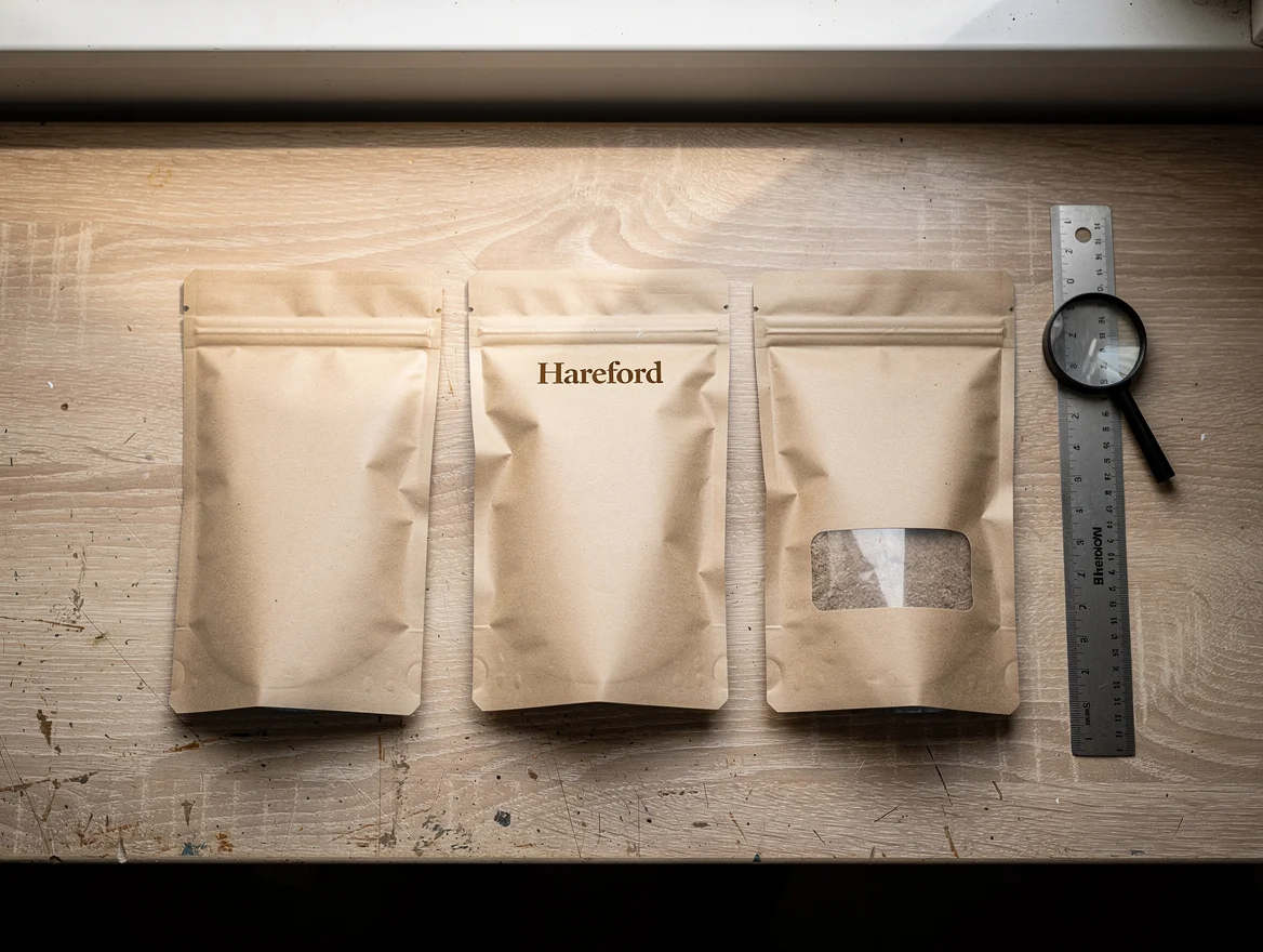 Overhead flat lay of three paper packaging design samples on a wooden desk with a ruler and magnifying loupe