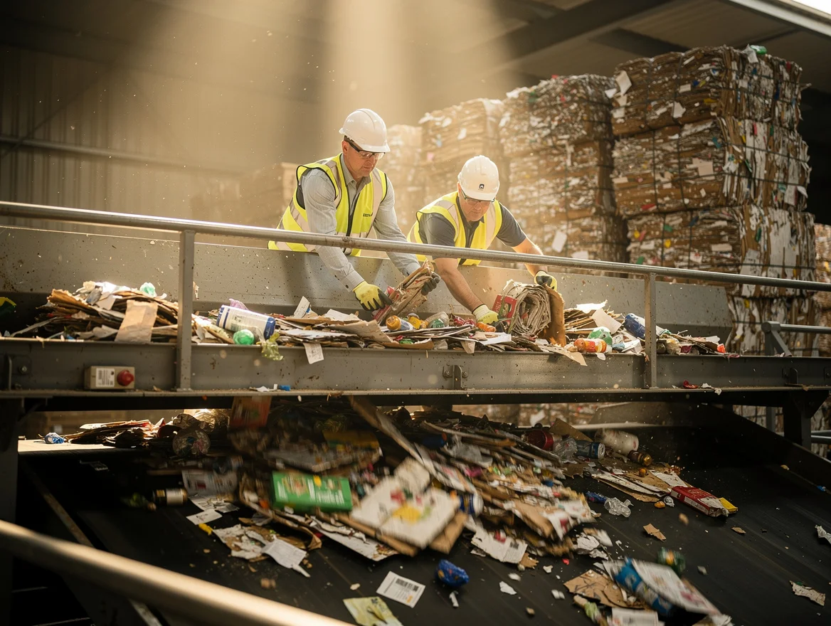 Workers sorting paper packaging on a conveyor belt inside a UK materials recovery facility