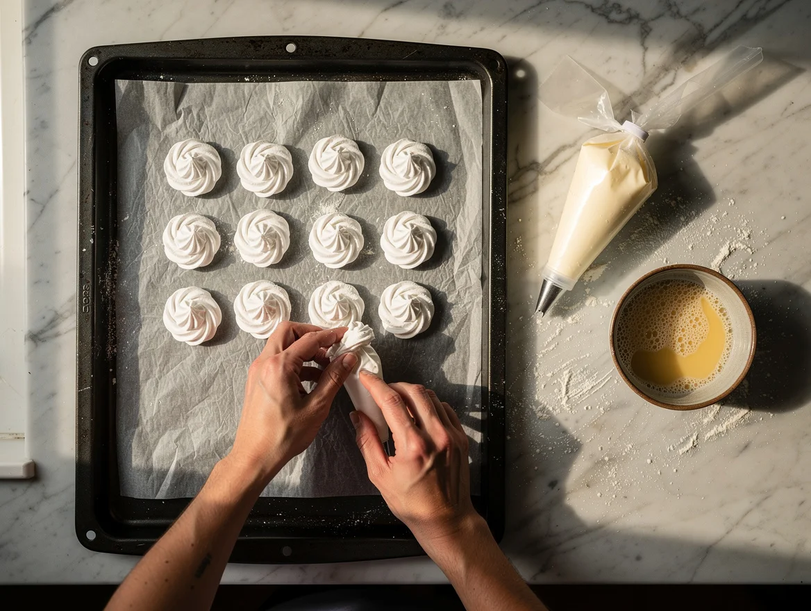 Overhead view of meringue rosettes being piped onto parchment paper on a baking tray