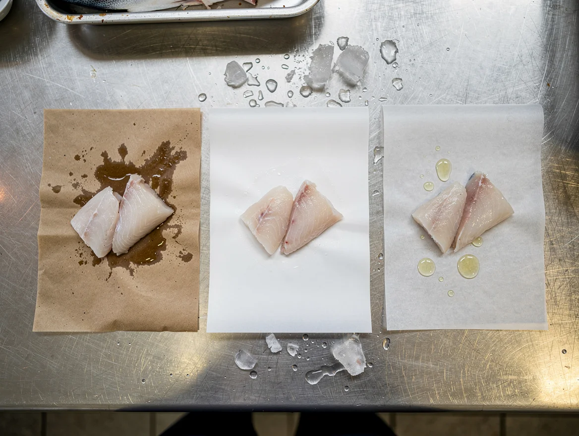 Overhead flat-lay of waxed kraft, wet-strength and greaseproof paper sheets each holding a portion of fresh fish on a fishmonger's counter