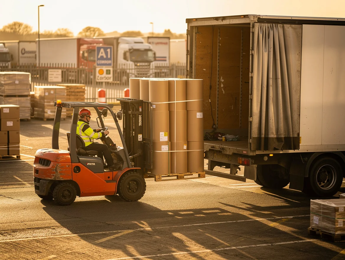 Forklift loading pallets of kraft paper rolls into a curtain side lorry at a UK logistics yard at golden hour