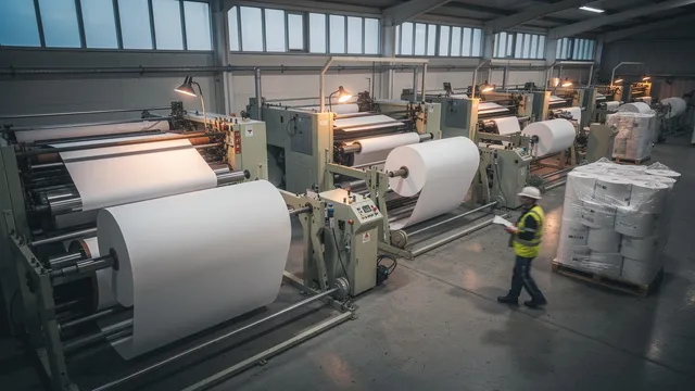 Wide view down a UK paper converting facility from parent reel to finished pallet