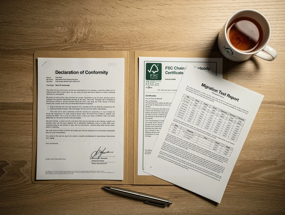 Buyer's desk with compliance documents: declaration of compliance, FSC certificate and migration test report
