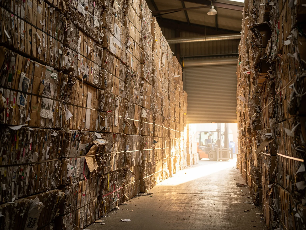 Stacks of baled paper off-cuts ready for collection inside a UK converting plant with a forklift in the distance