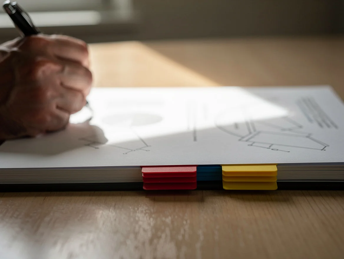 Close up of a printed industry benchmark report on a desk with coloured tab dividers and a hand holding a pen beside it