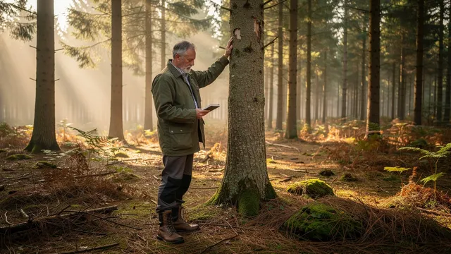 Forester inspecting a mature tree in a managed British woodland with morning mist between the trunks