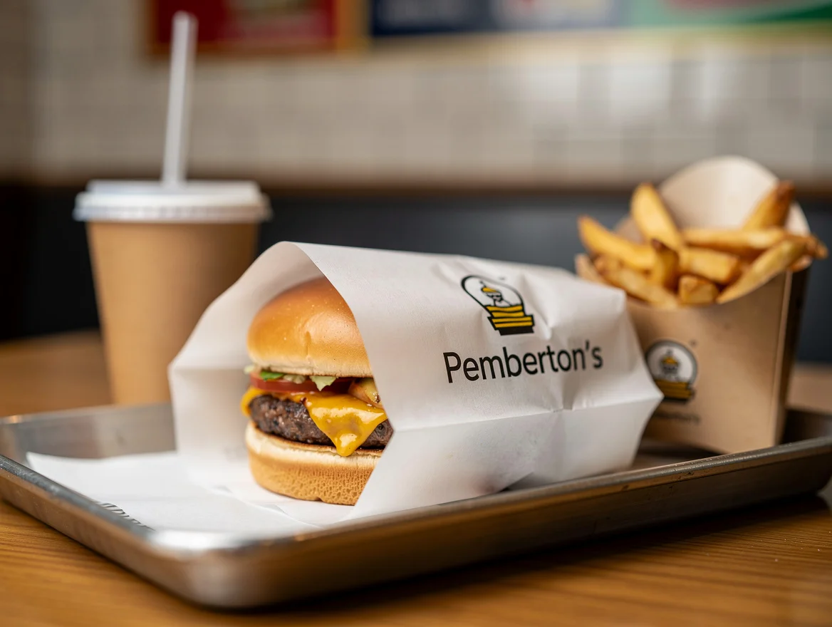 Cheeseburger partially unwrapped from clean grease-free branded paper on a tray with chips and a drink in the background