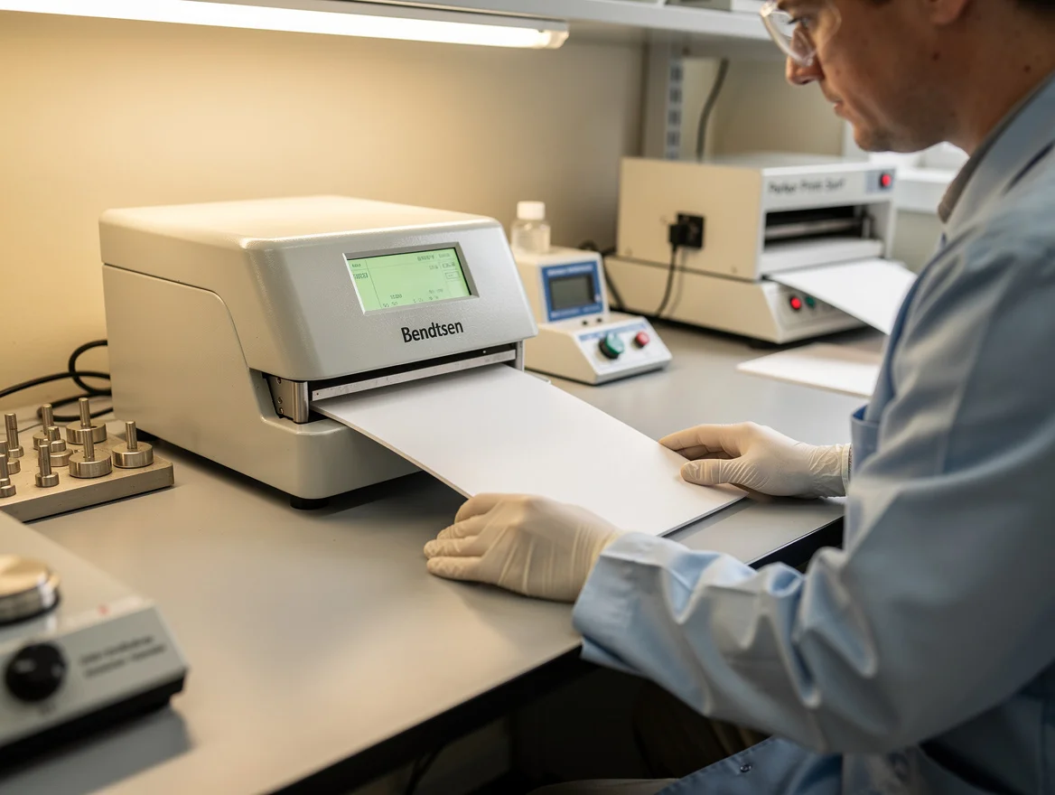 Technician measuring paper smoothness with a Bendtsen tester on a UK lab bench