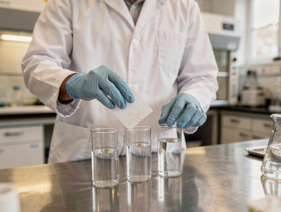 Lab technician loading food paper samples into glass migration test cells with food simulant liquid