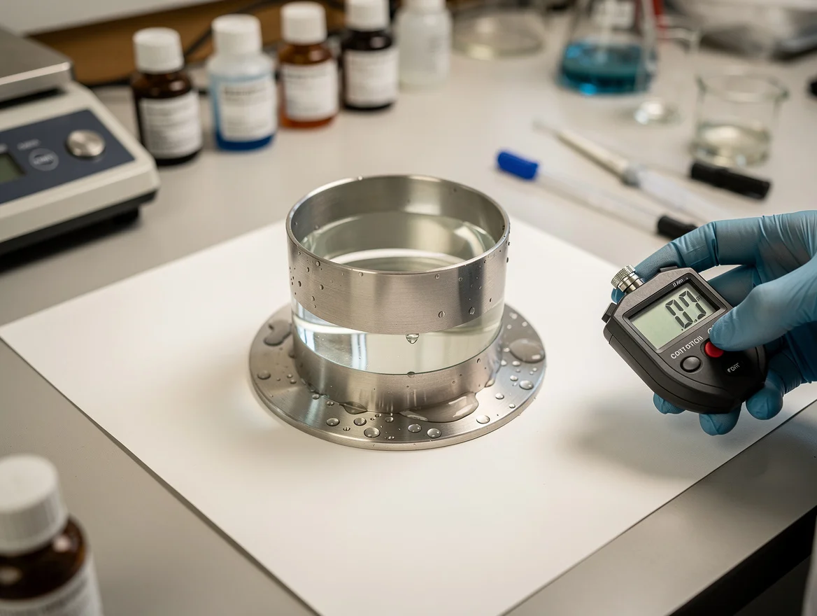 Cobb water absorption test running on a coated paper sample in a UK lab