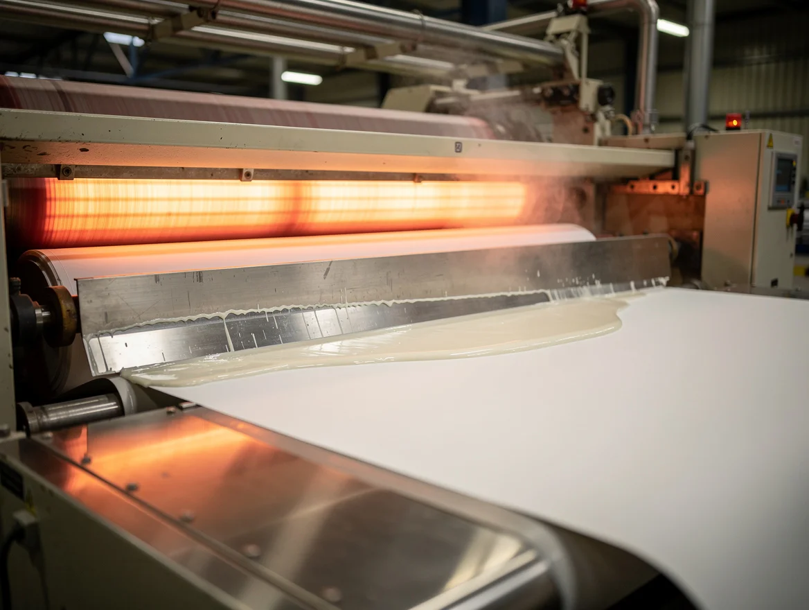 Blade coater applying aqueous dispersion to a paper web with IR dryer beyond