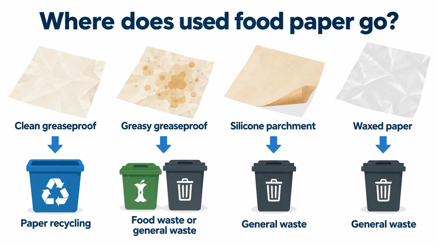 Decision graphic showing where clean greaseproof, greasy greaseproof, silicone parchment and waxed paper should be disposed of